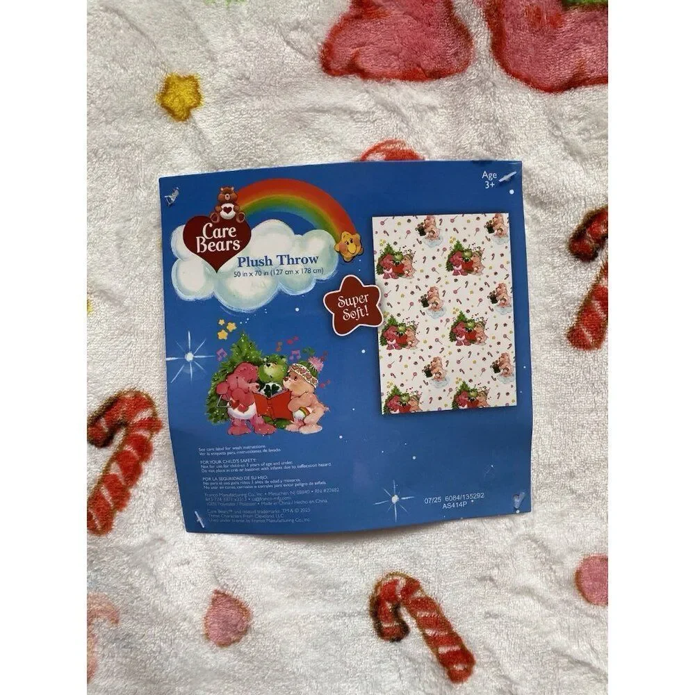 Care Bears Christmas Carols Holiday Tree Candy Cane Throw‎ Blanket 50” X 70” NEW